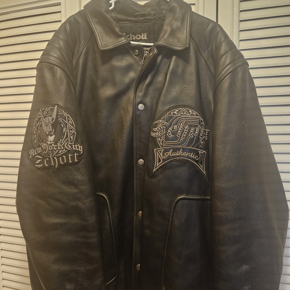 Schott NYC Black Leather Jacket with Embroidered Details